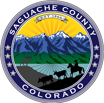 Logo of Saguache County, Colorado, featuring mountains, a rider on horseback, and cattle with a colorful sunburst background.