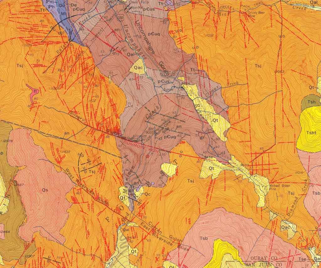 Local geology from the Ironton Quadrangle (Modified from Burbank and Luedke, 1964).